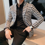 Riolio British Style Mens Houndstooth Slim Fit Blazers New Simple Slim Fit Business Dress Coats Groom Wedding Tuxedo Suit Jacket