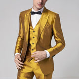 Riolio Latest Golden Satin Men Suits Slim Fit Prom Party Stage Groom Wedding Tuxedo Ternos Male Suit 3 Pieces (Blazer+Vest+Pants)