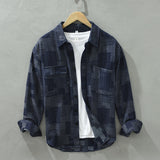 Vintage Patch Shirt for Men Autumn Winter New Pure Cotton Long Sleeve Turn-down Collar Shirts Male Solid Casual Clothing