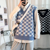 Riolio Men Knitted V Neck Japanese Vintage Loose Sleeveless Plaid Vests Chic Pullovers Chaleco Hombre Blue Checkerboard Sweater Vest