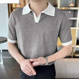 Riolio Fashion Casual Style Tops New Men's Vintage Gentlemen's Shirts Handsome Male Contrast Knitted Short Sleeve Blouse S-5XL