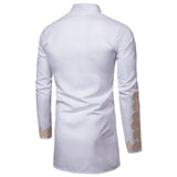 Mid Length Men's Shirt Muslim Men's Clothing Gilded Printed Standing Collar  White Shirt