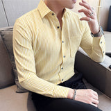 Riolio Seersucker Fabric Striped Shirt Men's Summer Long Sleeve Slim Fit  Shirt Fashion Versatile Casual Sunscreen Clothes Shirts Coat