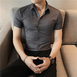 Riolio High Quality Summer Ice Silk Seamless Elastic Shirt Men's Slim Fit Short Sleeve Social Business Dress Shirt Plus Size 4XL-M