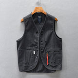 Riolio Mens Vest Retro Single Breasted Casual Vest Cotton Solid Regular V-Neck Vest Male Outerwear & Coats