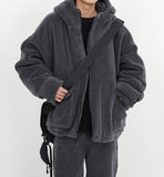 Riolio Winter Thick Warm Oversized Dark Grey Sherpa Jacket Men with Hood Zip Up Fluffy Loose Casual Faux Lamb Fur Coat