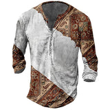 Vintage Men's T-shirts With Button Ethnic Pattern Printed Spring Autumn Loose O-Neck Long Sleeve Oversized T Shirts Men Clothing