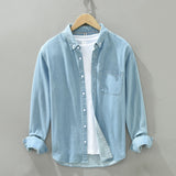 Spring Autumn Men Denim Shirt Long Sleeve Soft 100% Cotton Two Pockets Slim Slight Elastic Jean Tops Cowboy Button Shirt