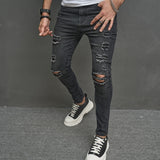 2024 Men High street Stylish Ripped Hip hop Casual Skinny Pencil Jeans Male Stretch Holes Slim Denim Trousers