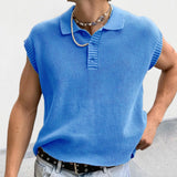 Riolio Solid Knitting Tops Men Sleeveless Buttoned Turn-down Collar Knit Vest Shirts Spring Summer Men's Clothing Fashion