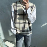 Riolio Plaid Knitted Sweater Vest Men Autumn New Korean Fashion V-neck Sweater Vest College Style Loose Casua Harajuku Sweater