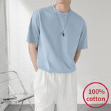 100% Cotton Korean Solid Color Short Sleeve Oversized T Shirt Men Summer 2023 Round Neck Retro Harajuku Casual Loose T-Shirt Men