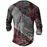 Vintage Men's T-shirts With Button Ethnic Pattern Printed Spring Autumn Loose O-Neck Long Sleeve Oversized T Shirts Men Clothing