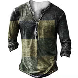 Vintage Men's T-shirts With Button Ethnic Pattern Printed Spring Autumn Loose O-Neck Long Sleeve Oversized T Shirts Men Clothing