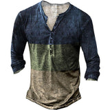 Vintage Men's T-shirts With Button Ethnic Pattern Printed Spring Autumn Loose O-Neck Long Sleeve Oversized T Shirts Men Clothing