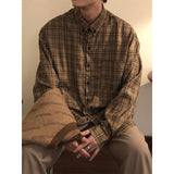 Riolio Spring Korean Fashion Vintage Long Sleeve Plaid Shirt Men Coffee Color Hong Kong Loose Casual oversized Button Up Shirt