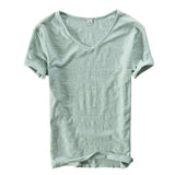 Summer T Shirt Men Linen Cotton Short Sleeve Tshirt V-neck Tops&Tee Breathable Comfortable Slim T-shirt Men Dropshopping