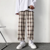 Riolio Plaid Pants Men Linens Korean Checked Trousers Male Streetwear Fashion Bottoms Summer Wide Leg Pants Harajuku Breathable