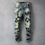 Men's Slim Fit Streewear Fashion Light Indigo Distressed Skinny Stretch Embroidered Leather Stars Patchwork Ripped Jeans