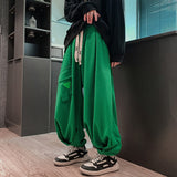 Riolio Green Waffle Lantern Pants Men Y2K Black Cargo Trousers Male Loose Casual Sweatpants Japanese Streetwear Hip Hop Pockets