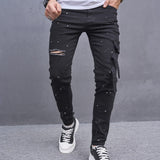 Riolio Men Stylish Ripped Multiple pockets Skinny Pencil Jeans Pants Male Hip Hop Streetwear Holes Slim Denim Trousers