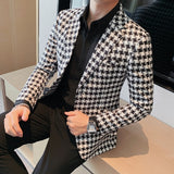 Riolio British Style Mens Houndstooth Slim Fit Blazers New Simple Slim Fit Business Dress Coats Groom Wedding Tuxedo Suit Jacket