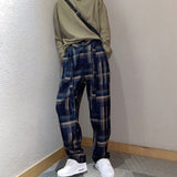 Riolio Men Casual Plaid Casual Straight Ankle-length Wide Led Drape Streetwear Loose Trousers New Fashion Streetwear Harajuku