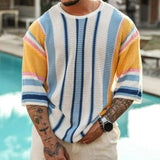 Spring Summer Mens Knit T Shirt Vintage Jacquard Striped Stitch Knitted Tops Men Clothes Fashion Loose Half Sleeve O Neck Jumper