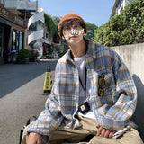Riolio Autumn Thick Woolen Shirt Men Fashion Retro Casual Oversized Plaid Shirts Mens Korean Blue/Green Loose Long-sleeved Shirt Men
