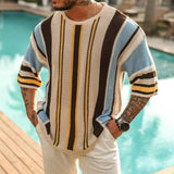 Spring Summer Mens Knit T Shirt Vintage Jacquard Striped Stitch Knitted Tops Men Clothes Fashion Loose Half Sleeve O Neck Jumper