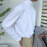 Winter Solid Color Fleece Half-high Collar Tshirt Men Bottoming Shirt Korean Fashion Casual Long Sleeve Vintage T Shirt for Men
