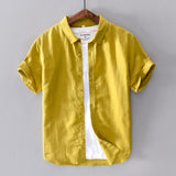 Cotton Linen Short Sleeve Shirts For Men Casual Fashion Yellow Turn Down Collar Tops Male Summer Classic Basic Clothing Y2439