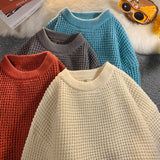 Riolio Men's Waffle Sweaters Round Neck Solid Color Korean Style Male Knitted Pullovers Loose Casual Winter Knitwear