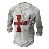 Vintage Cotton Men's T-shirts 3D Printed Knight Gothic Long Sleeve Casual Henley Shirt Oversized Top Tee Shirt Man Punk Pullover