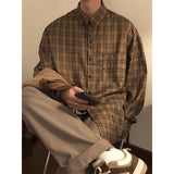 Riolio Spring Korean Fashion Vintage Long Sleeve Plaid Shirt Men Coffee Color Hong Kong Loose Casual oversized Button Up Shirt