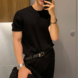 Riolio Fashion Simple Solid Color Slim Short Sleeve Ribbed Knit T Shirts Mens Clothes Spring Summer Casual Crew Neck Pullover Tops Men