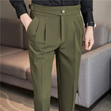 Riolio British Style Autumn New High Waist Dress Pants Men Belt Design Slim Fit Suit Pants Formal Office Social Wedding Party Trousers