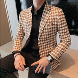 Riolio British Style Mens Houndstooth Slim Fit Blazers New Simple Slim Fit Business Dress Coats Groom Wedding Tuxedo Suit Jacket