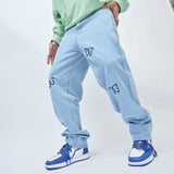 Men Stylish Butterfly Embroidery Loose Jeans Pants High Quality Male Streetwear Casual Denim Trousers