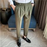 Riolio British Style Men High Waist Casual Business Dress Pants Streetwear New Fashion Social Belt Decoration Slim Fit Suit Pants