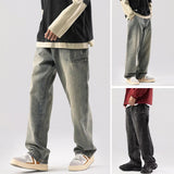 New in Denim Pants Solid Color Wide Leg Straight Mid Waist Pockets Bottoms Loose Fit Zipper Fly Jeans Men Clothes