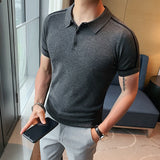 Color Blocked Striped Knitted Polo Shirt Mens Summer Short Sleeved Lapel Ice Silk Tee Men Slim Business Social Polos Streetwear