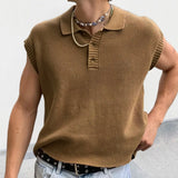 Riolio Solid Knitting Tops Men Sleeveless Buttoned Turn-down Collar Knit Vest Shirts Spring Summer Men's Clothing Fashion