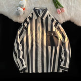 Men's Long Sleeved Shirt Large Striped Korean Fashion Pockets Design Blouses Spring Autumn Male Lapel Clothing