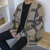 Riolio Winter New Cardigans Sweater for Men Retro Loose Casual Korean Fashion V-neck Plaid Line Cardigan Knitted Sweater Men Coats