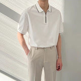 Riolio Summer Short Sleeve Polo Shirt Men Korean Fashion Loose Business Casual Lapel Solid Color Zipper T Shirts Men Half-sleeve Top