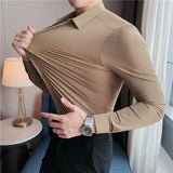 New High Elasticity Seamless Men's Shirt Long Sleeve Slim Casual Shirt Solid Color Business Formal Dress Party Shirts 4XL-M