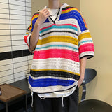 Riolio Summer Knitted Short Sleeve T-shirt Men Fashion Casual Stripe T Shirt Men Streetwear Hip Hop Loose Sweater Tshirt Mens Tops