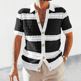 Casual Mens Knitted Shirts Spring Summer Loose Short Sleeve Buttoned Lapel Knit Cardigans Men Clothes Vintage Striped Shirt