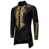 Mid Length Men's Shirt Muslim Men's Clothing Gilded Printed Standing Collar  White Shirt